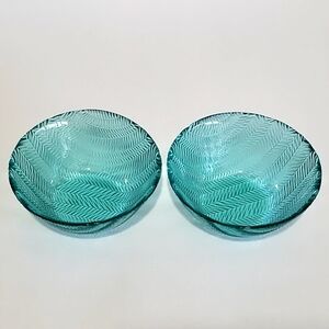 Vintage Arcoroc Turquoise Textured Herringbone Glass 5" Dessert Bowls 1980's